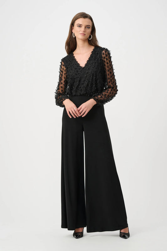 Joseph Ribkoff Black Silky Knit and Sheer Wide Leg Jumpsuit