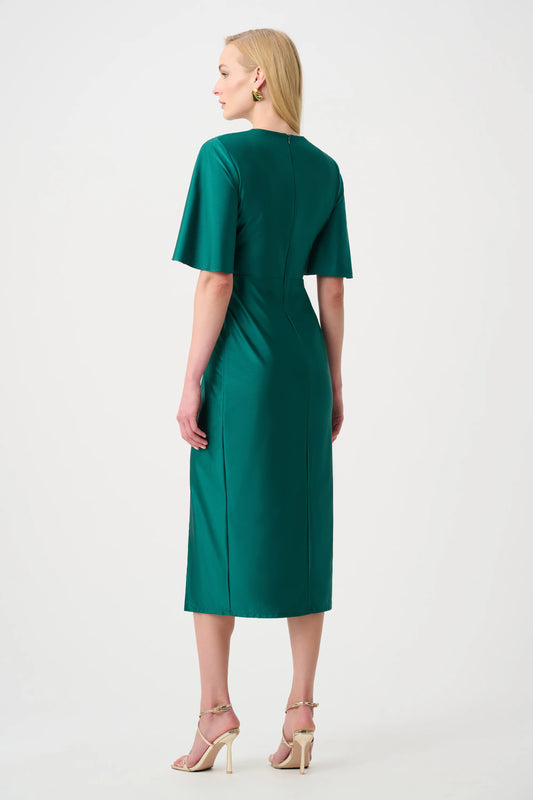 Joseph Ribkoff Green Satin Knit Wrap Dress With Ruched Waistband