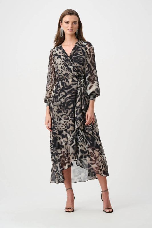 Joseph Ribkoff Grey Chiffon Printed Fit and Flare Wrap Dress 263739
