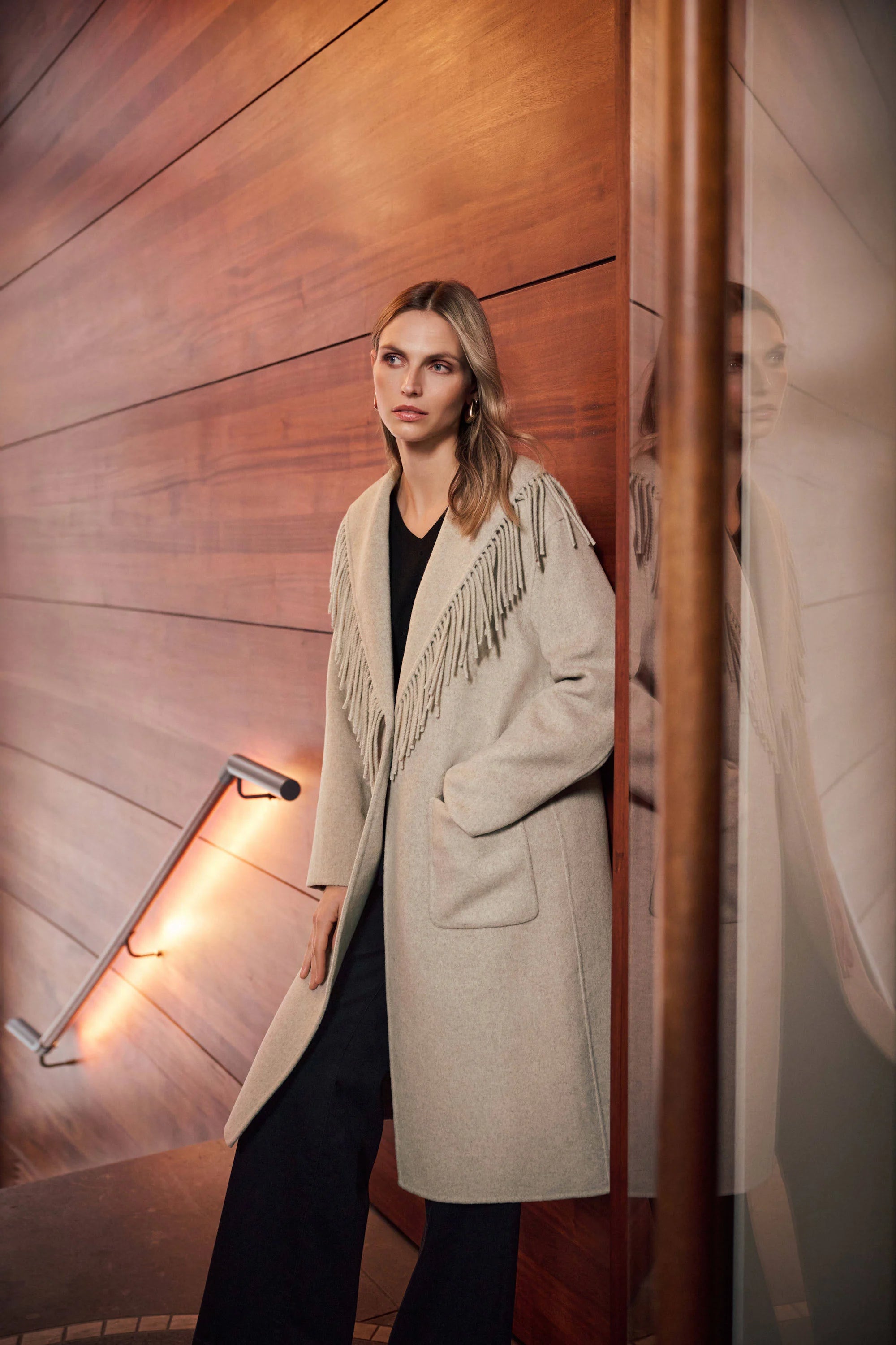 Joseph Ribkoff Oatmeal Wool Blend Shawl Collar Fringed Coat 263912