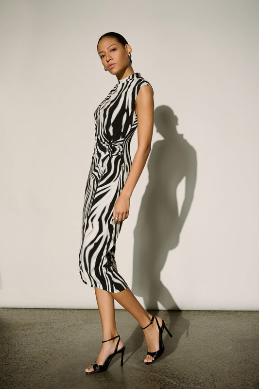 Joseph Ribkoff Black/Off-White Animal Print Wrap Dress