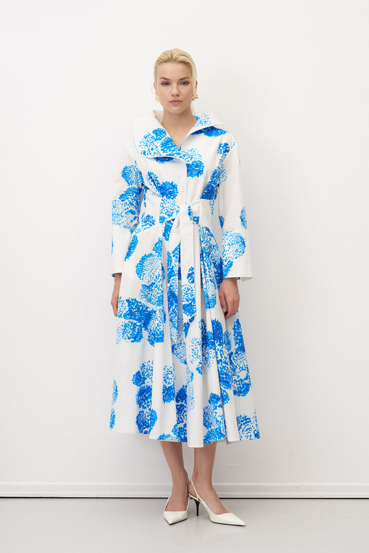 Bize Blue/Cream Print Cotton Midi Shirt Dress with Rounded Collar and Front Tie Belt BZ2134
