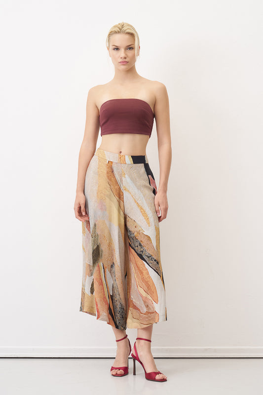 Bize Multi‑Coloured Print Wide Leg Cropped Trousers with Elasticated Back Waist BZ3126