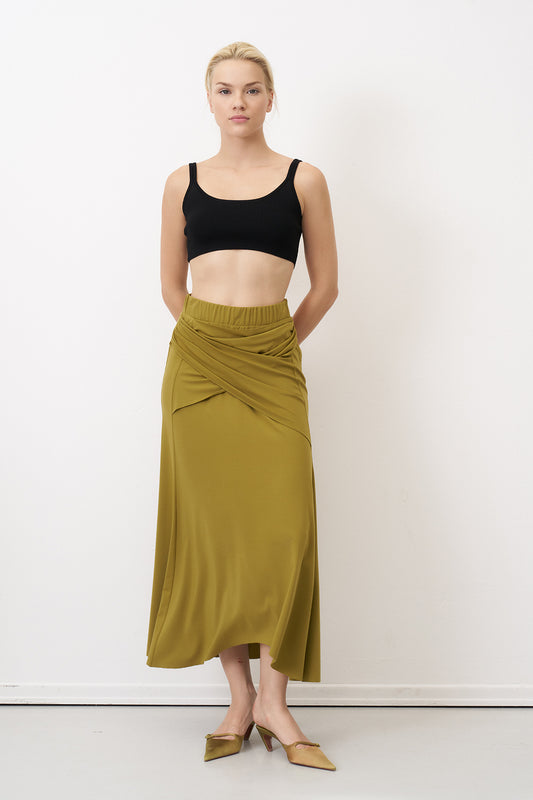 Bize Olive Wrap Front Flared Skirt in Stretch Fabric, Elastic Waist, Concealed Side Zip BZ3146