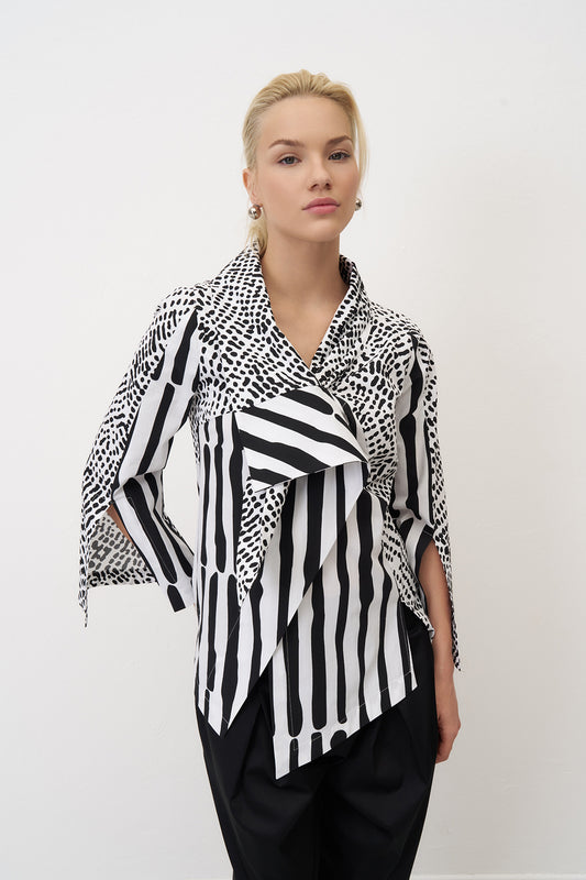 Bize Black & White Stripe Animal Print Cotton Jacket with Wide Sleeves BZ337