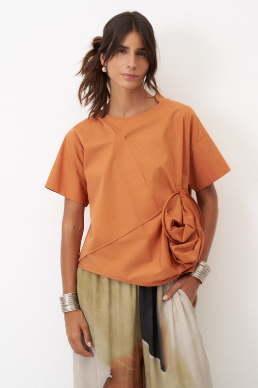 Bize Burnt Orange Cotton Short Sleeve Top with Loose Fit and Structured Front Detail BZ339