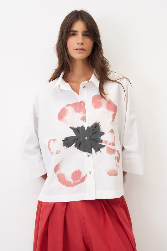 Bize Off‑White Loose Fit Cotton Shirt with Short Sleeves and Floral Front Motif BZ356