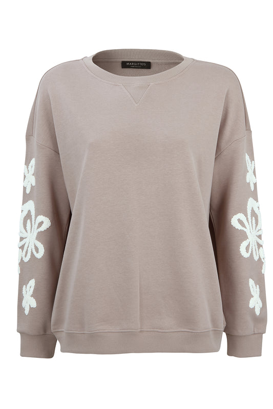 Margittes Beige Crew Neck Long Sleeve Sweatshirt with Faux Fur Flower Sleeve Detail 275842514