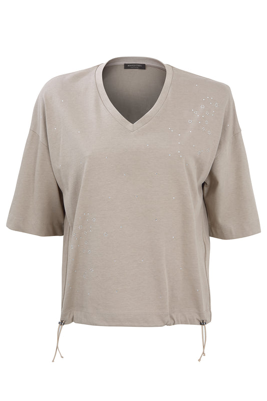 Margittes Beige V-Neck Half Sleeve Top with Drawstring Hem & Rhinestone Detail 276092524