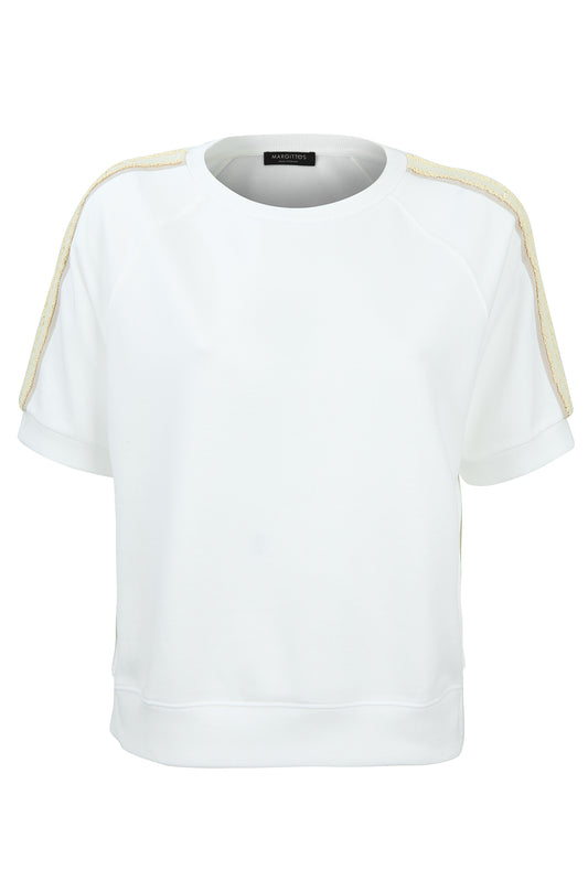 Margittes Off-White Crew Neck Short Sleeve Sweatshirt with Contrasting Sleeve Stripe 276172524