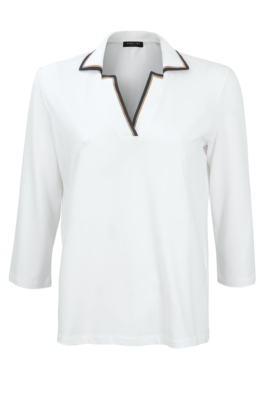 Margittes White 3/4 Sleeve Polo Shirt with Contrast Stripe Collar 276302534