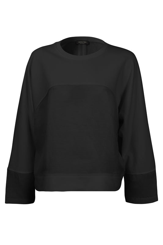 Margittes Black Crew Neck Long Sleeve Top with Mixed Fabric Panels 276402514
