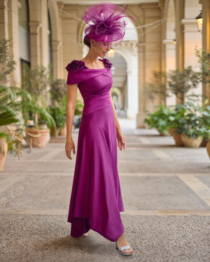 Couture Club Aubergine Off-the-Shoulder Dress with Floral Appliqué Detailing