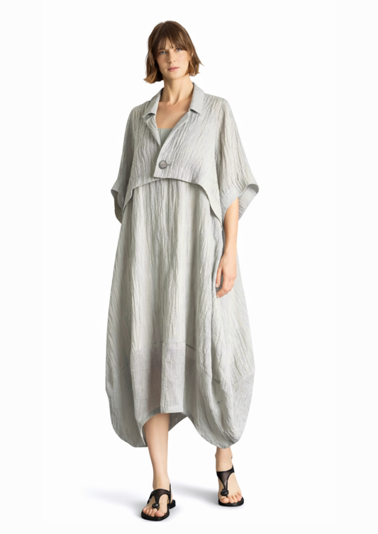 Isik Ozgur Grey Linen Loose-Fit Jacket – Short Sleeve, Longline Back 2718-02