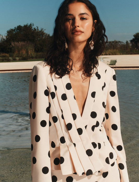 Marella Powder with Black Spot Print Slim-fit Pleated Jacket MLLDUOMO