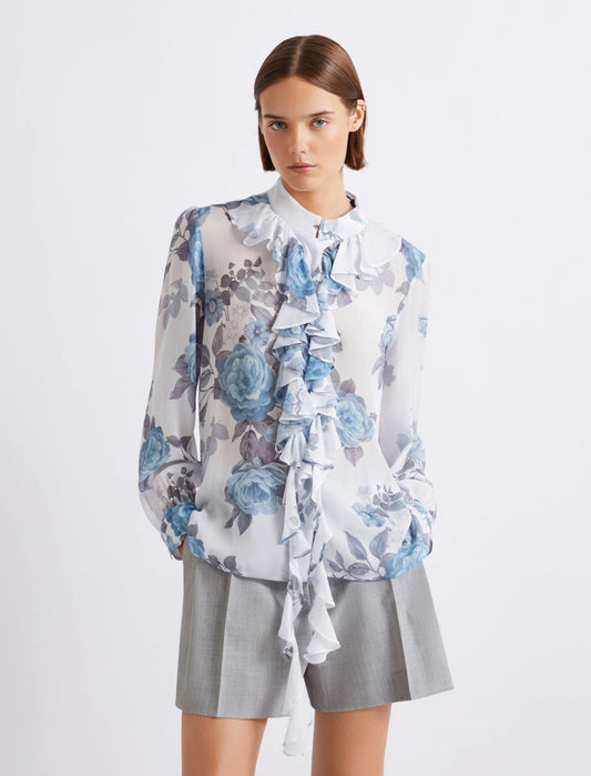 Marella Blue Floral Print Ruched Georgette Shirt MLLCANAPA