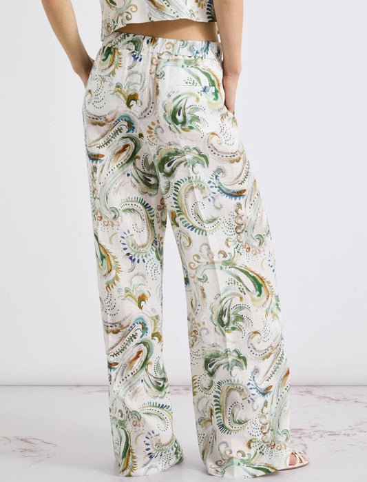Marella Wide Leg Linen White with Pattern Print Trousers