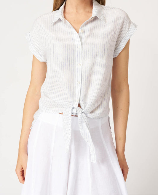 120 Lino Pure Linen Fine Stripe Short Sleeve Shirt with Front Tie 33ALIW1PKZ