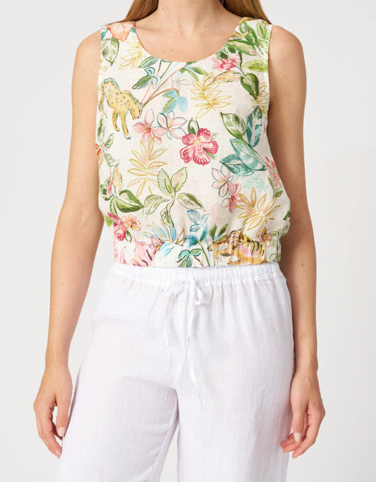 120 Lino Print Linen Sleeveless Top with Elasticated Hem 33ALIW1Pl8