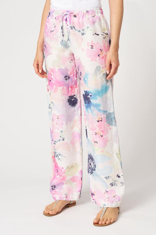 120 Lino Floral Print Linen Wide Leg Trousers with Elasticated Tie Waist 33ALIW2145