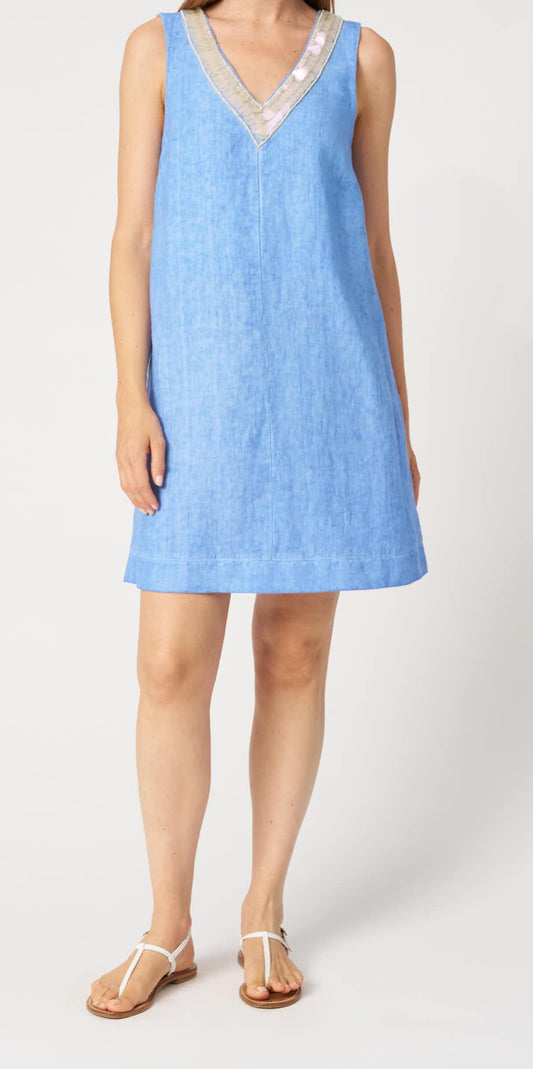 120 Lino Pacific Sleeveless V-Neck Linen A-Line Dress with Bead & Disc Detailing 33ALIW4PKE
