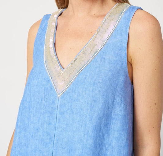 120 Lino Pacific Sleeveless V-Neck Linen A-Line Dress with Bead & Disc Detailing 33ALIW4PKE