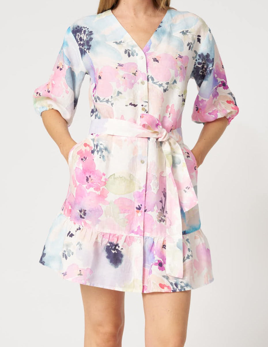 120 Lino Floral Print Short Linen Dress with V-Neck, Button Front & Ti