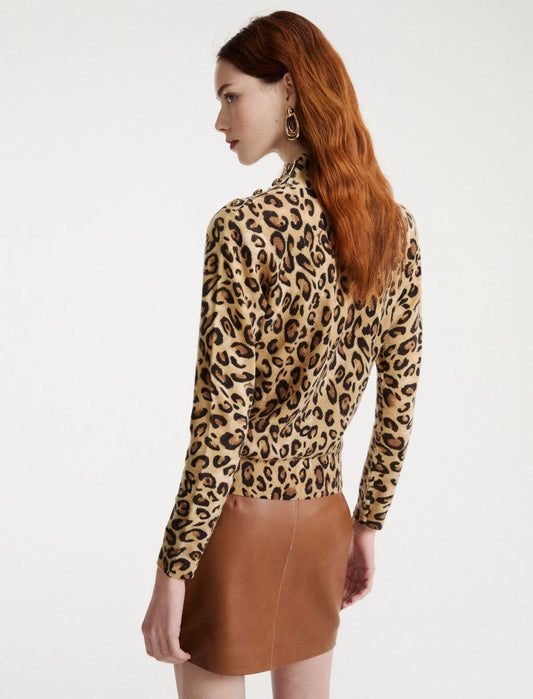Marella Beige Animal Print Buttoned Wool Mock-Polo-Neck Sweater