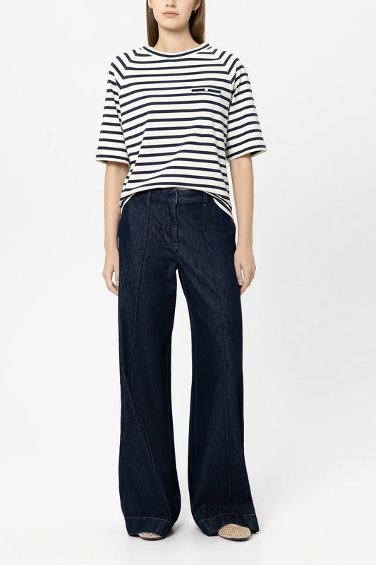 Luisa Cerano Navy Striped T-Shirt with Button Detail 338343