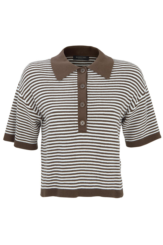 Margittes Brown & Cream Stripe Polo Top – Short Sleeve Button Neck 360402524