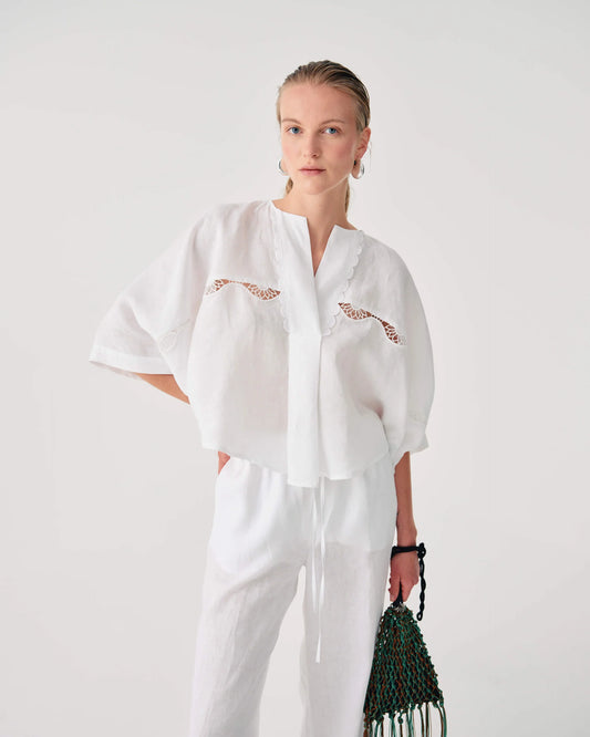 Beatrice b White Linen Blouse with Lace 26FE4367