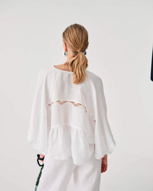 Beatrice b White Linen Blouse with Lace 26FE4367