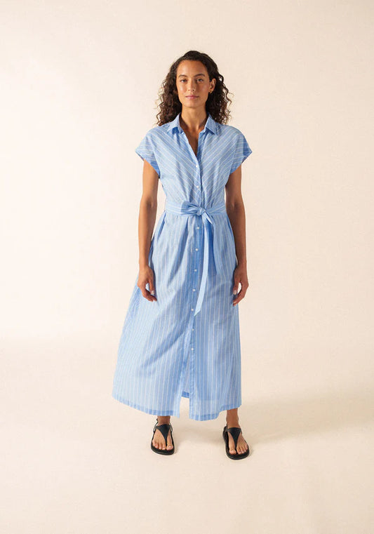Saint James Blue Striped Cap Sleeve Belt Tie Cotton Maxi Shirt Dress MAELYS 4647