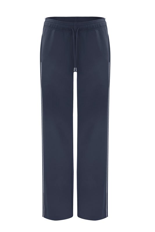 Margittes Dark Blue Wide Leg Casual Trousers with Drawstring Waist & White Piping 469212504