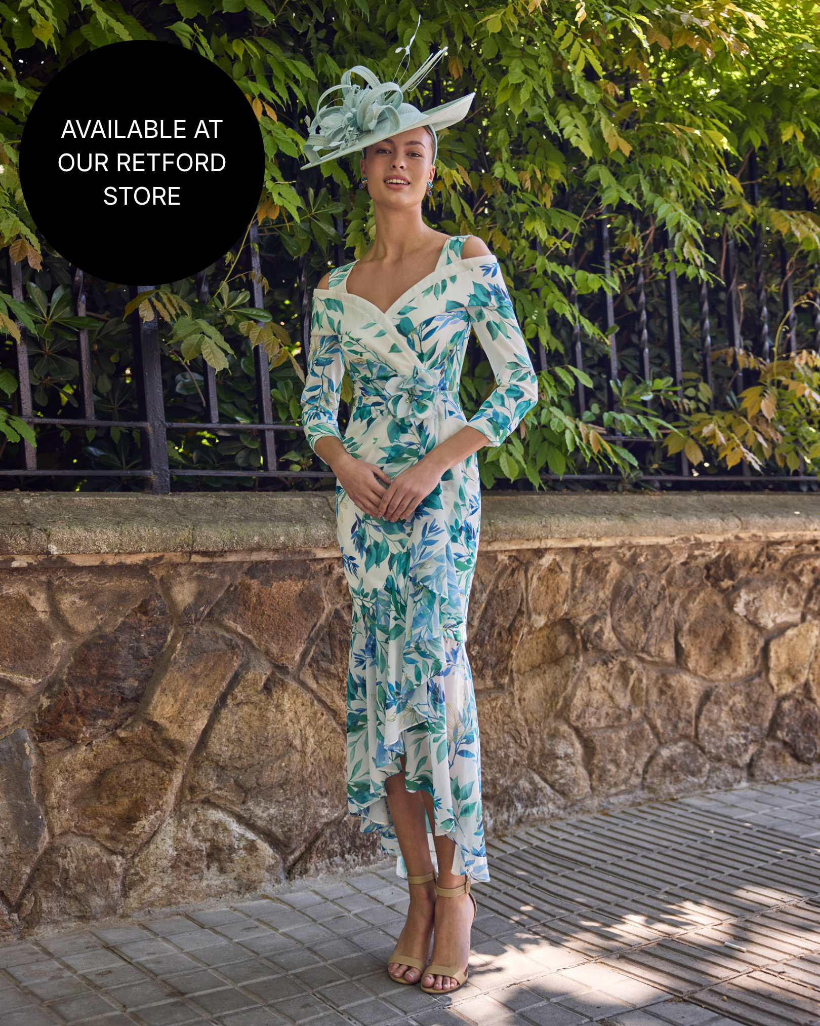 Couture Club Turquoise Print Straight Chiffon Off-Shoulder Dress 1G1B5