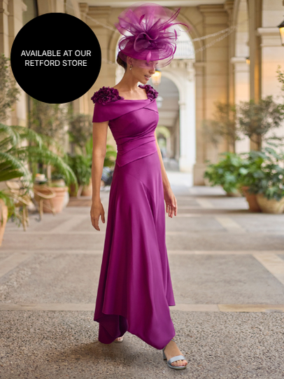 Couture Club Aubergine Off-Shoulder Dress with Floral Appliqué Detailing