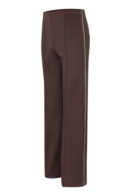 Margittes Mocha Wide Leg Pull-On Stretch Trousers with Cream Side Stripe