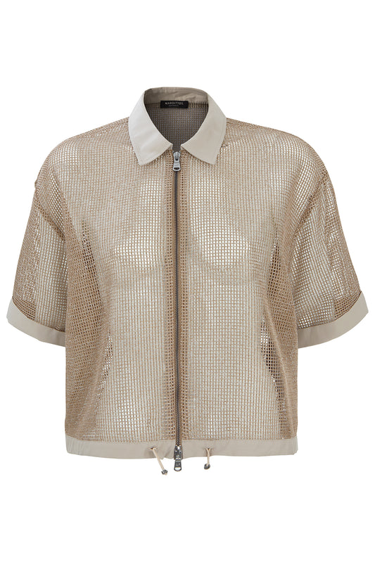 Margittes Beige Mesh Jacket with Shirt Collar, Half Sleeves & Drawstring Hem 562722524
