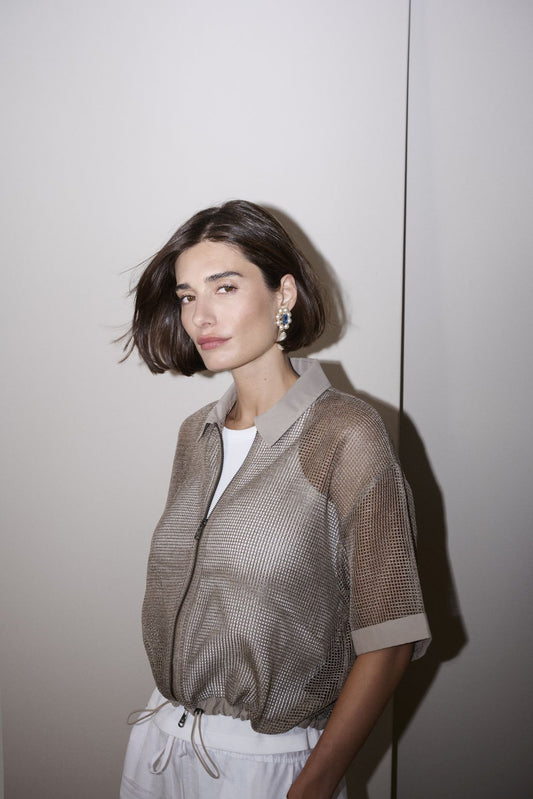 Margittes Beige Mesh Jacket with Shirt Collar, Half Sleeves & Drawstring Hem 562722524