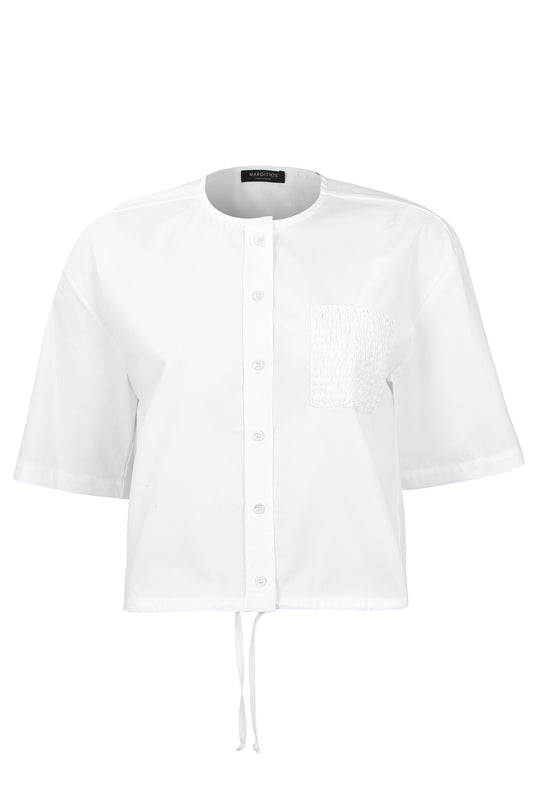 Margittes White Half Sleeve Round Neck Blouse with Button Front & Drawstring Hem 562782524
