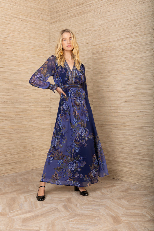 Hale Bob Navy Floral Paisley Maxi Dress 59AF614M