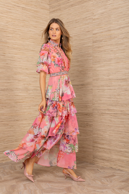 Hale Bob Coral Print Maxi Dress with Smocked Neck, Flutter Sleeves & Tiered Skirt 5YDG612A-CORAL