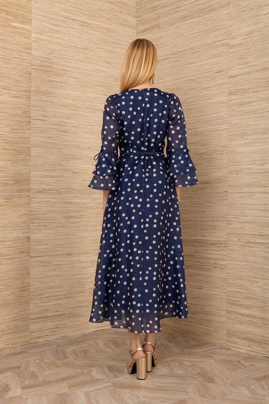 Hale Bob Navy with Beige Spot Silk Linen Blend Maxi Dress 5YET620M