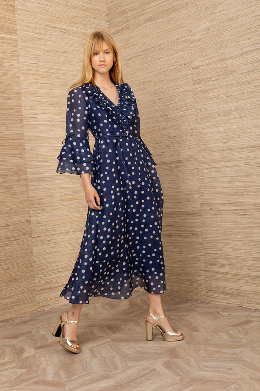 Hale Bob Navy with Beige Spot Silk Linen Blend Maxi Dress 5YET620M