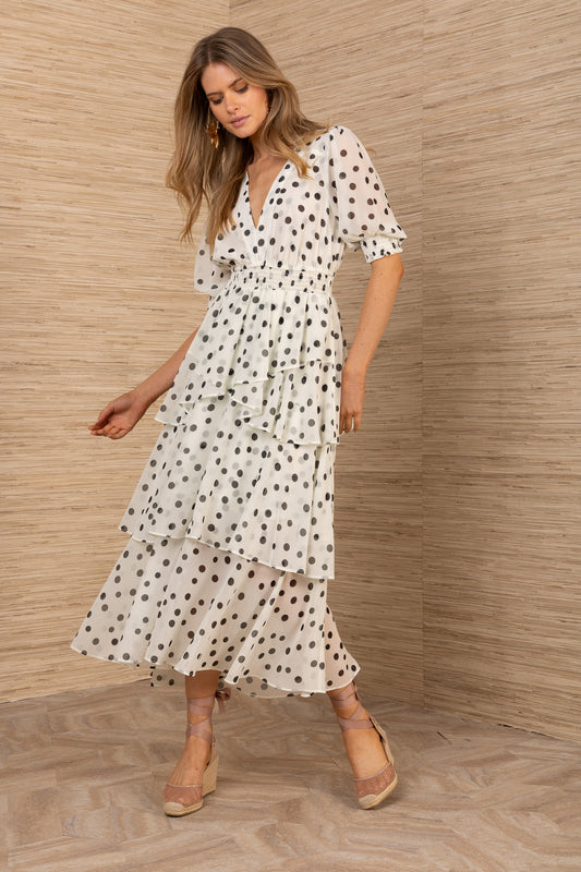 Hale Bob Ivory with Black Spot Print tiered v neck dress 5YET622A