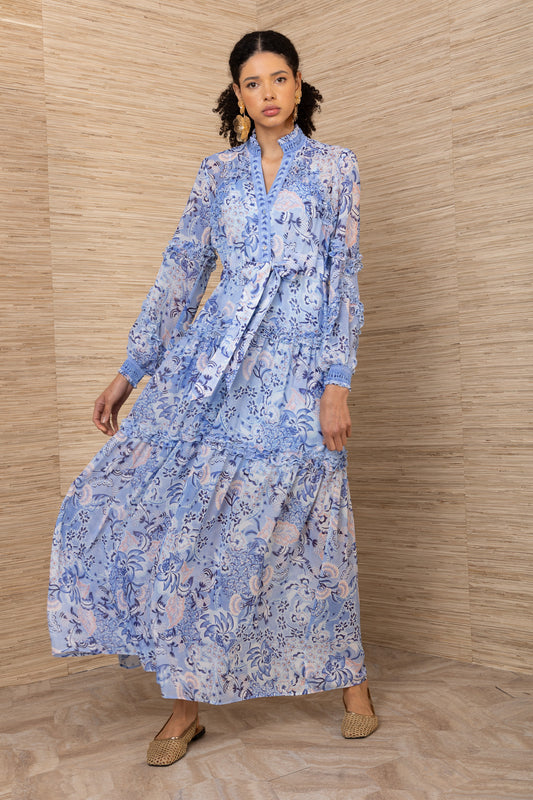Hale Bob Blue Print Maxi Dress Belted Waist, Long Sleeves & Pockets 5YRF644A