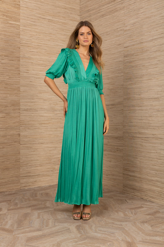Hale Bob Green Maxi Dress with Smocked Neck and Waist 5YXP670S