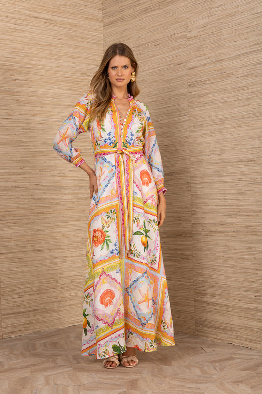 Hale Bob Orange Linen Dress with Smocked Neckline 5YXP674M