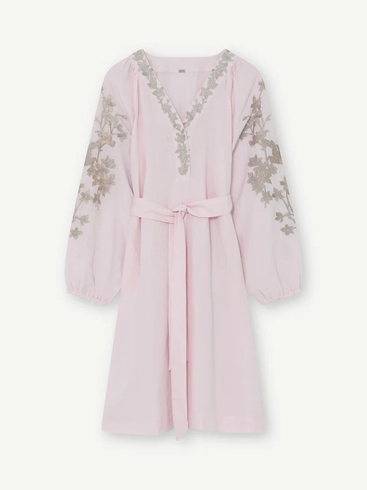 Gustav Pink Floral Embroidered Midi V-Neck Belted Dress 60508