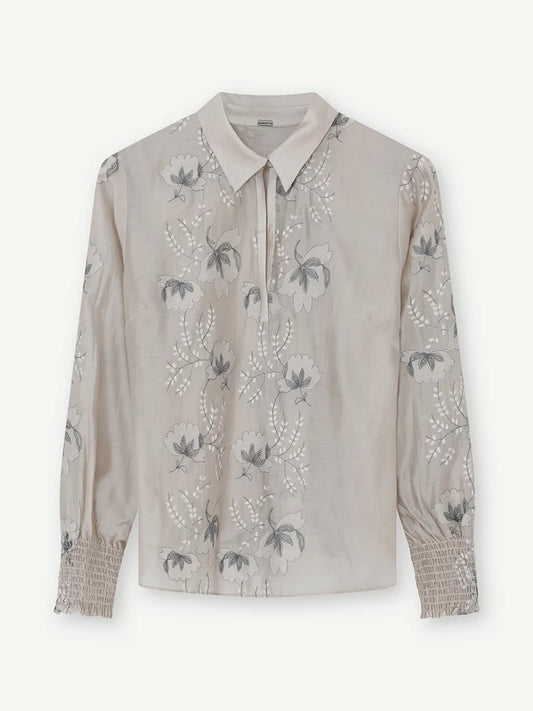 Gustav Light Grey Floral Embroidered Blouse with Open V-Neck 60637